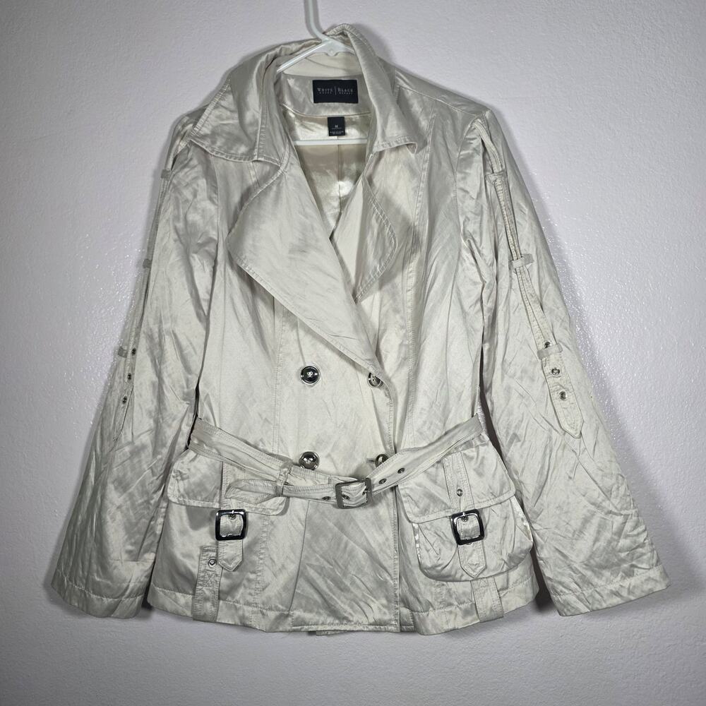 White House Black Market Metallic Trench Coat Belted Jacket Silver M